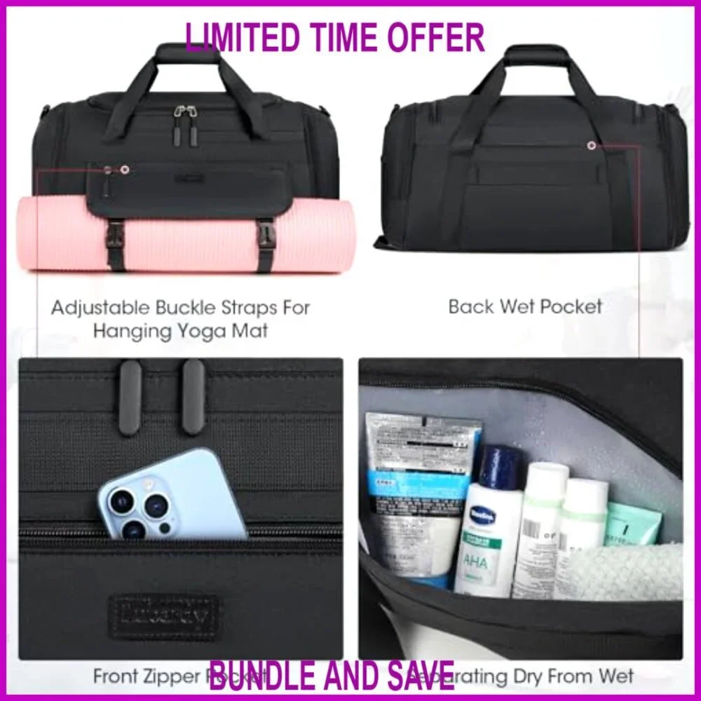 55L Water Resistant Polyester Gym Duffle Bag with Shoe Compartment & Wet Pocket